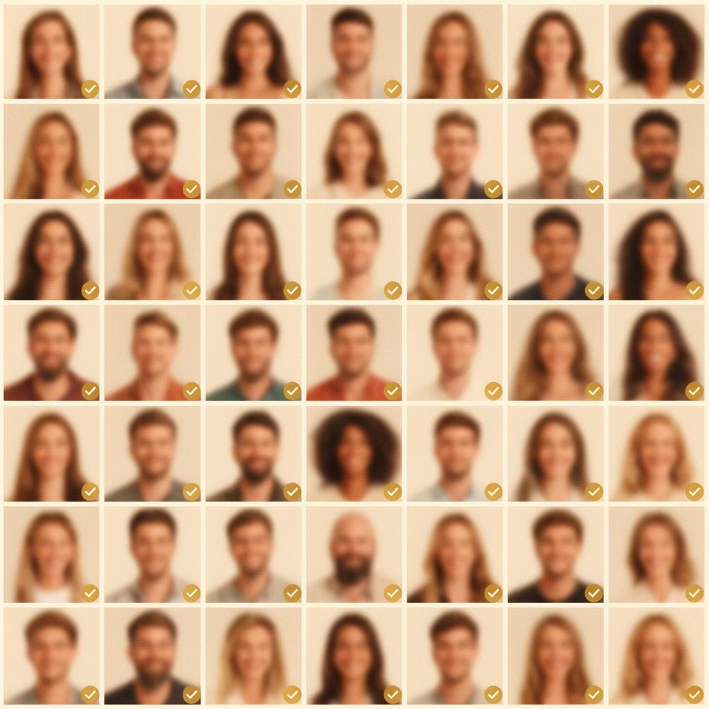 Grid of 120 MARP members: diverse men and women headshots with blurred faces for privacy, each tile carrying a gold verified checkmark badge